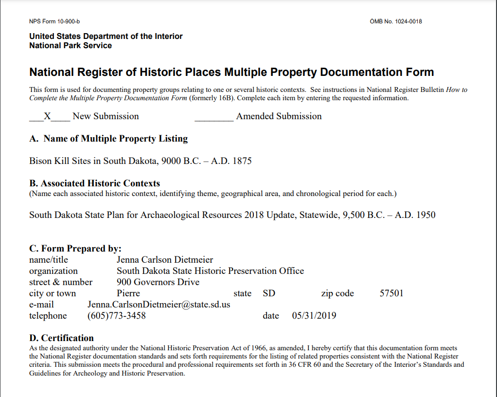 Resource Bison Kill Sites in South Dakota, 9000 B.C. A.D. 1875